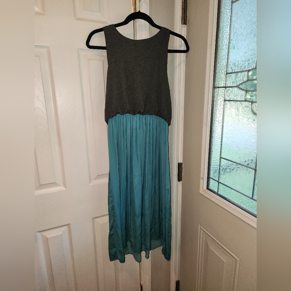 LOFT Sleeveless Two-Tone Midi Dress in Charcoal & Teal Blue